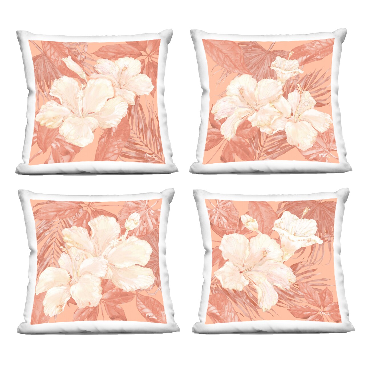 Stupell Industries Peach Hibiscus Flowers 4pc Decorative Printed Throw Pillow Set Design by Paul Brent, 18 x 7 x 18